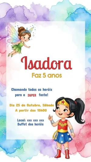 Convite Aniversário Mulher Maravilha Cute para Editar Online