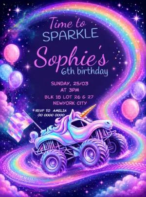 Unicorn Monster Truck Birthday Editable Invitation