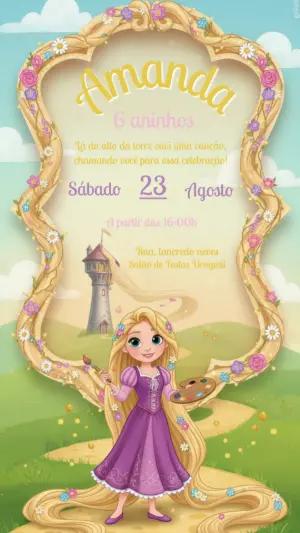 Convite Digital Aniversário Infantil Princesa Rapunzel Editável