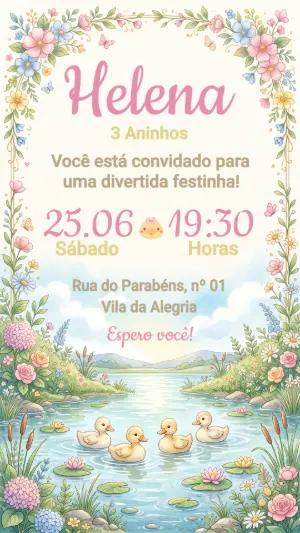 Convite de Aniversário Infantil Patinhos Aquarela para Editar