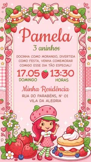 Convite de Aniversário Moranguinho Rosa para Editar Online