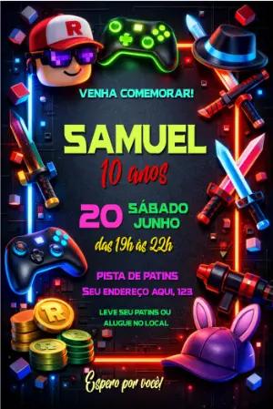 Convite de Aniversário Gamer Roblox Neon para Editar