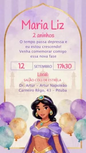 Convite Animado Princesa Jasmine Roxo e Dourado para Editar