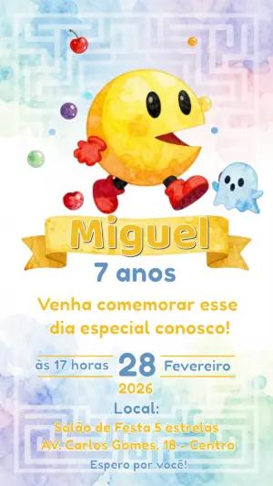 Convite de Aniversário Pac-Man Aquarela para Editar