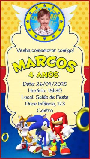 Convite de Aniversário Sonic com Foto para Editar Online