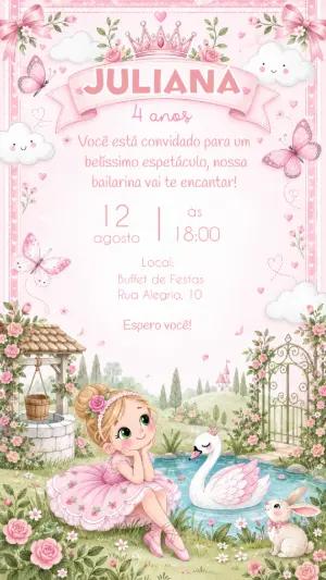 Convite Digital Princesa Bailarina Rosa para Editar