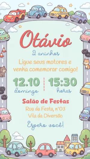 Convite de Aniversário Infantil Carrinhos Coloridos Editável