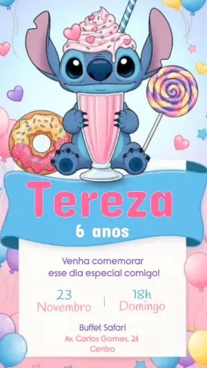 Convite Animado Aniversário Stitch Candy para Editar Online