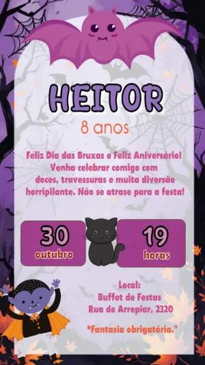 Convite de Aniversário Halloween com Morcego Fofo para Editar