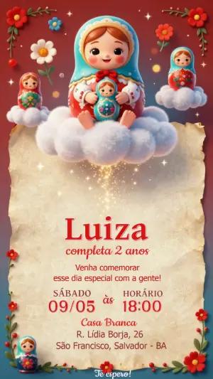 Convite de Aniversário Matrioska Fofo para Editar