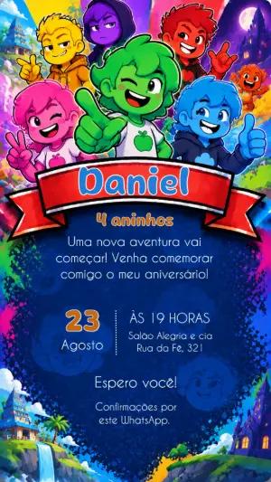 Convite de Aniversário Mundo Torajo Editável para Festa Infantil