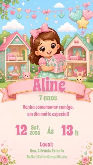 Convite Editável de Aniversário Tema Casa de Bonecas