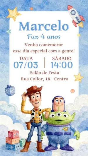 Convite Digital Infantil Toy Story com Woody e Amigos Editável