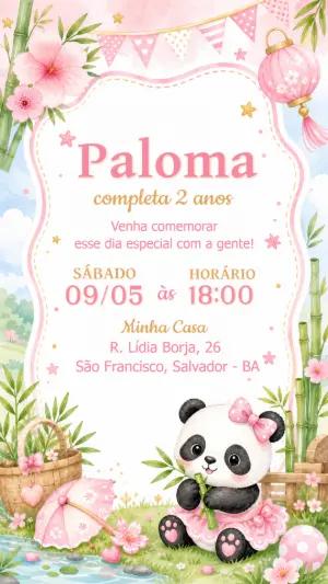 Convite Aniversário Panda Menina Aquarela para Editar