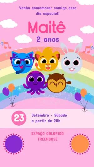 Convite Animado de Aniversário Infantil com Animais Fofos Editável