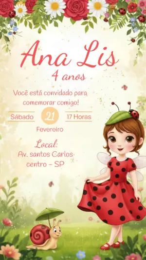 Convite de Aniversário Joaninha no Jardim Encantado Editável