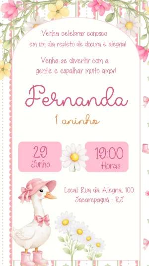 Convite de Aniversário Pata Fofa e Flores Modelo Editável