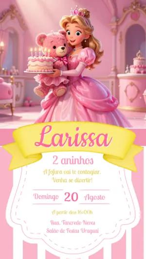 Convite de Aniversário Princesa e Ursinho Rosa Editável