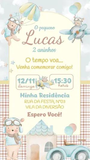 Convite Digital Ursinho Aviador para Aniversário Infantil Editável