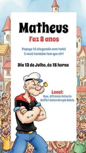 Convite de Aniversário Popeye para Editar e Imprimir