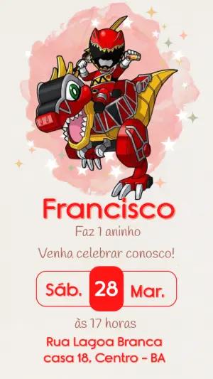 Convite Digital Infantil Tema Power Ranger e Dinossauro para Editar