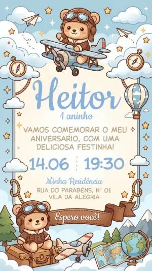Convite de Aniversário Ursinho Aviador Fofo para Editar