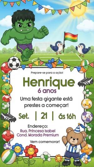 Convite de Aniversário Hulk e Futebol para Editar Online