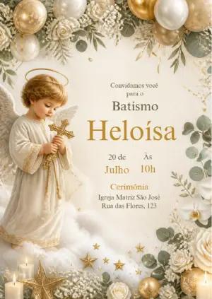 Convite de Batismo Editável Anjinho Dourado e Flores