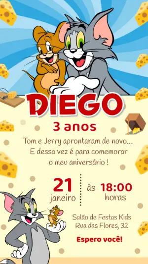 Convite de Aniversário Tom e Jerry para Editar e Imprimir