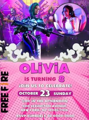 Pink Free Fire Birthday Invitation for Girls | Editable Template