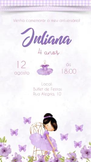 Convite de Aniversário Bailarina Lilás Aquarela para Editar
