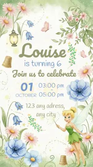 Editable Fairy Tinker Bell Birthday Invite with Watercolor Flowers