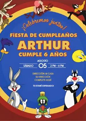 Invitación Digital Looney Tunes para Cumpleaños Infantil Editable