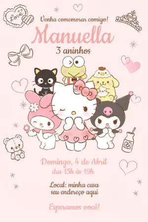 Convite de Aniversário Sanrio Kuromi Hello Kitty para Editar