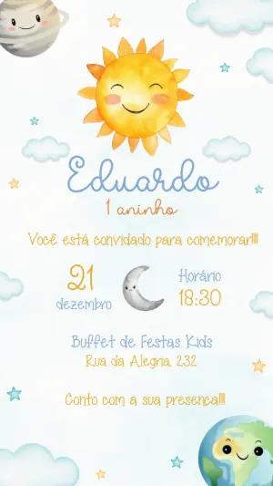 Convite Aniversário Infantil Sol e Planetas Aquarela Editável