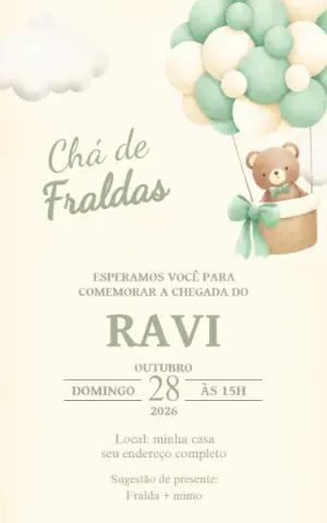 Convite Chá de Fraldas Ursinho Verde Balão Editável