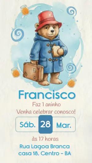 Convite de Aniversário Ursinho Clássico em Aquarela Editável