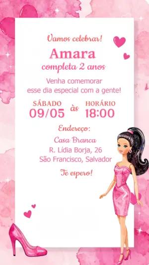 Convite de Aniversário Boneca Rosa e Glamour Editável