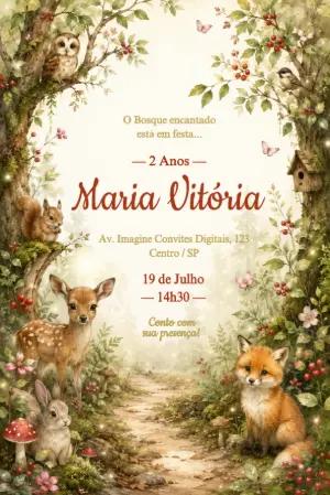 Convite de Aniversário Bosque Encantado Animais Editável