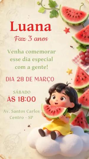 Convite de Aniversário Melancia Fofo com Menina para Editar