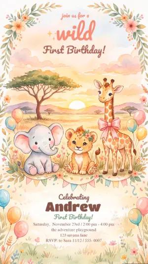 Wild One Safari Birthday Invitation - Editable Template
