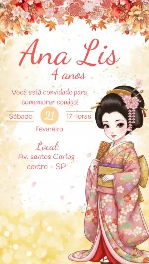 Convite de Aniversário Tema Japonês com Gueixa para Editar