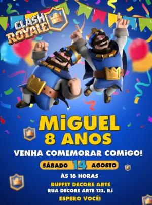 Convite de Aniversário Clash Royale com Personagens para Editar