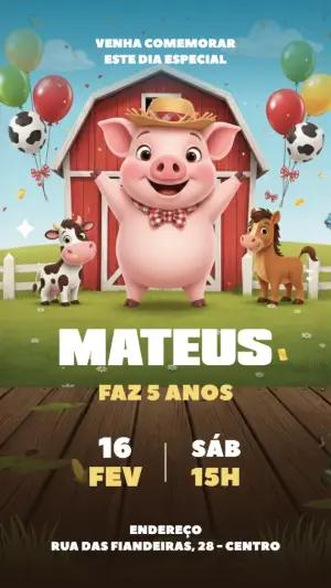Convite de Aniversário Fazendinha com Porquinho para Editar