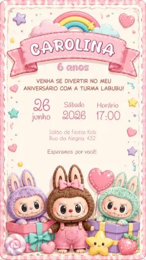 Convite de Aniversário Labubu Rosa para Menina Editável