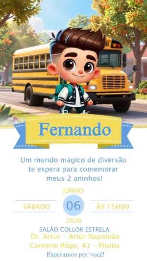 Convite de Aniversário Menino Ônibus Escolar Editável