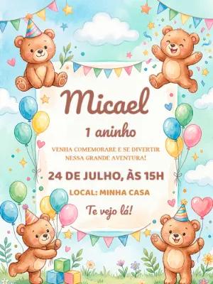 Convite de Aniversário Ursinho Aquarela Editável