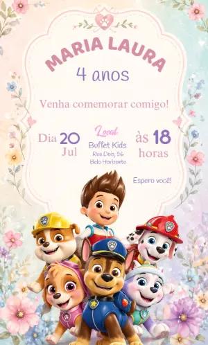 Convite Aniversário Patrulha Canina Menina Floral para Editar