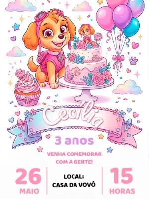 Convite Aniversário Skye Patrulha Canina Rosa para Editar
