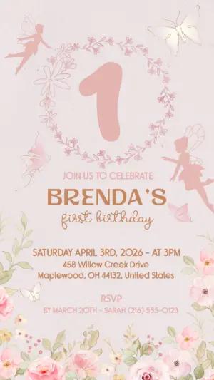 Editable Floral Fairy First Birthday Invitation